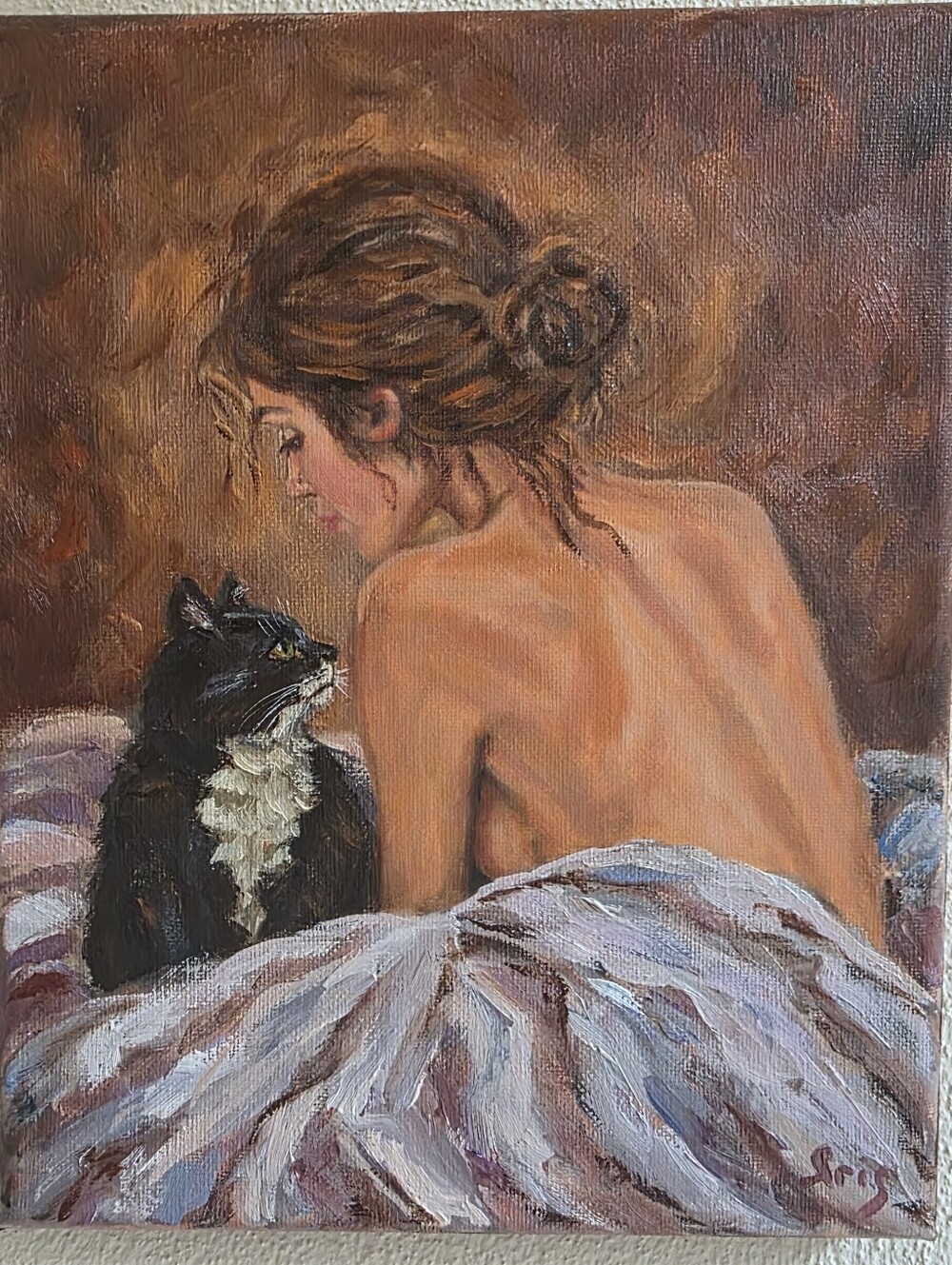 Abstract oil Painting cute Tuxedo cat.